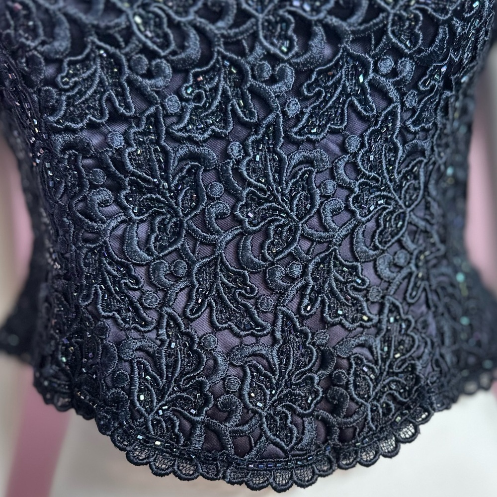 HTF Carmen Marc Valvo Petite beaded blue short-sleeve formal top, size 6 - Picture 14 of 16